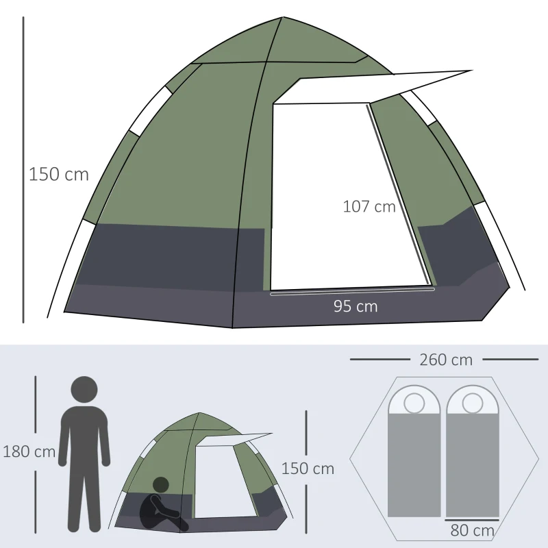 Outsunny Cort pop-up cort de camping 3-4 pers. cort cupolă impermeabilizat ușor ventilat ușor de montat 2 uși mari dim. 2,6L x 2,6l x 1,5H m fibră de sticlă poliester oxford verde gri