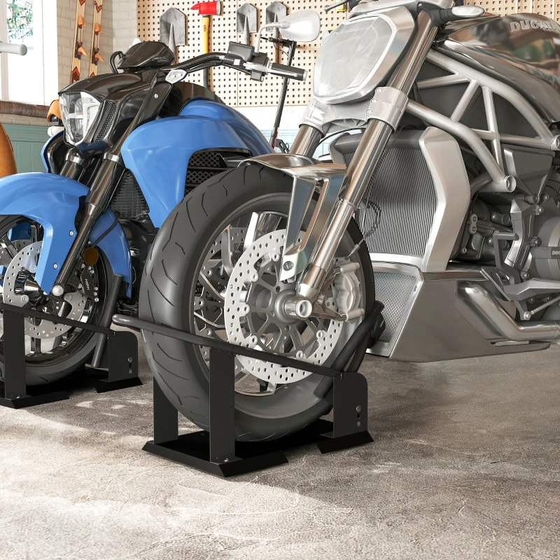 HOMCOM Cale de roată pentru motocicletă, cațărătoare de motocicletă din oțel, suport de transport cu 3 găuri reglabile în înălțime 27 x 71,5 x 33,5 cm negru