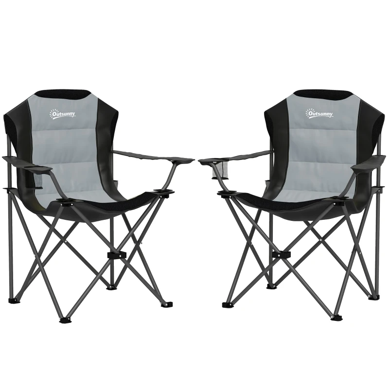 Outsunny Lot de 2 scaune pliante camping rembursate cu spătar înalt cu suport pentru pahar, greutate 120 kg, gri închis