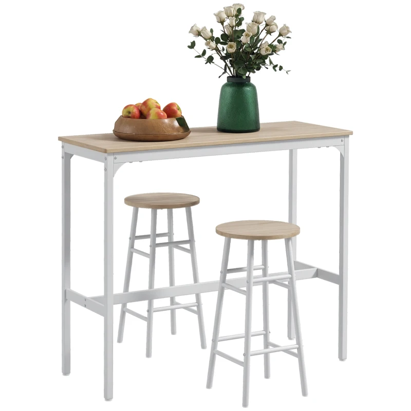 HOMCOM Set masă înaltă de bar + 2 taburete structură din oțel blat aspect lemn natural 2 persoane alb