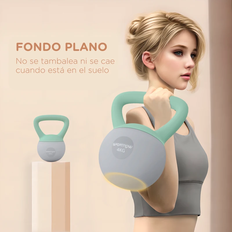 SPORTNOW Pesa Rusa 4 kg Kettlebell Relleno de Arena Metálica y Mango Antideslizante para Entreno en Casa 19x15x25 cm Verde y Gris