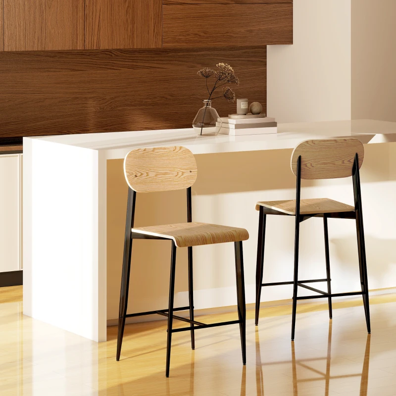 HOMCOM Set de 2 taburete de bar, înalte 65H cm cu spătar, structură din oțel, efect de lemn natural