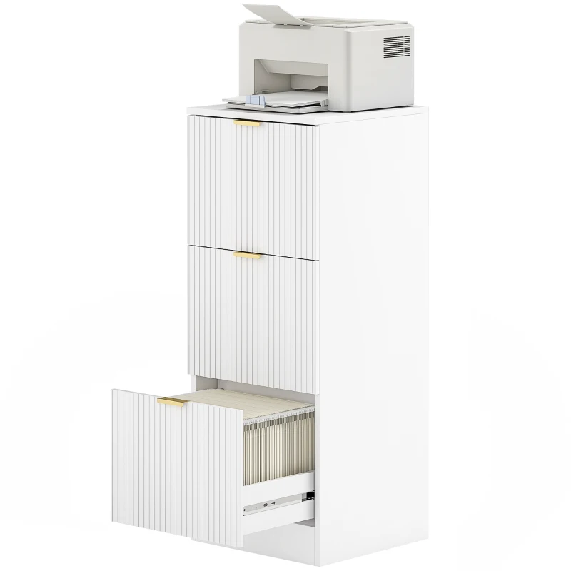 HOMCOM Dulap de Escritoriu cu 3 Sertare Fronturi Canelate Mueble Archivador pentru Dimensiune A4 sau Scrisoare 40x40x101 cm Alb