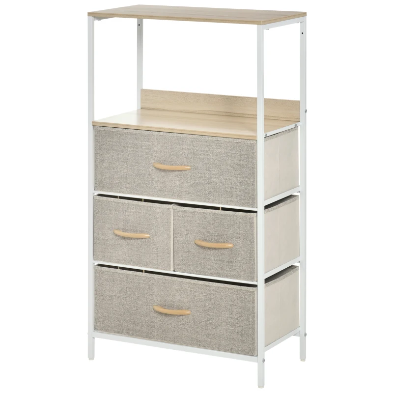 HOMCOM Comodă cameră mobilier de depozitare comodă 4 sertare din țesătură pliabile și detașabile cu rafturi deschise și cadru de metal, comodă pentru sufragerie, cameră, intrare, gri deschis
