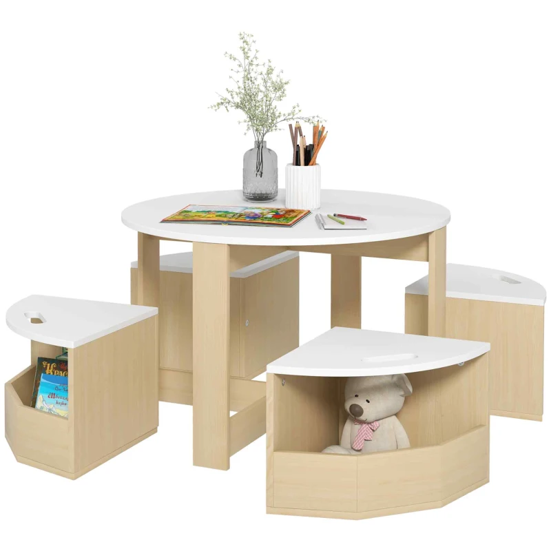 AIYAPLAY Five-Piece Kids Table and Chairs Set with Storage, for Ages 3-8 Years, White