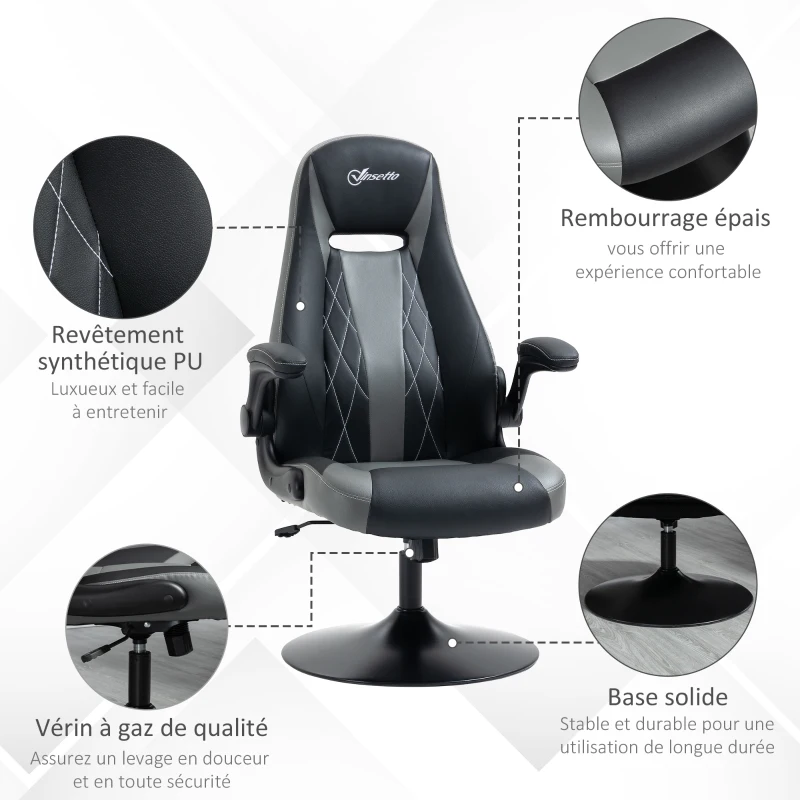 Vinsetto Scaun de gaming ergonomic cu bază rotundă din metal pivotantă 360° înălțime reglabilă pernă pentru gât brațe rabatabile PVC gri negru