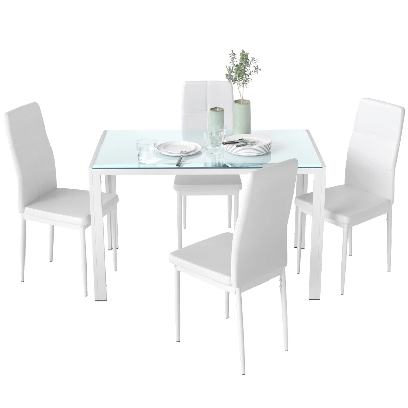 HOMCOM Ensemble table à manger et chaises pour 4 personnes, plateau rectangulaire en verre, pour cuisine salon maison, blanc