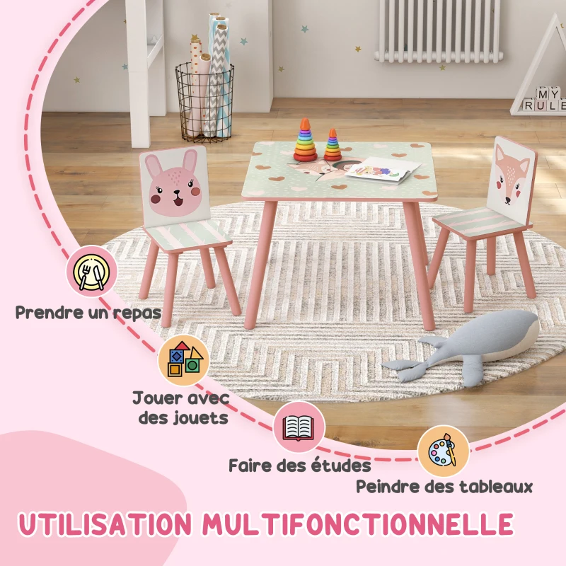 Table et 2 chaises pour enfants + tableau chevalet double-face + meuble à jouets de rangement à 6 boîtes, rose
