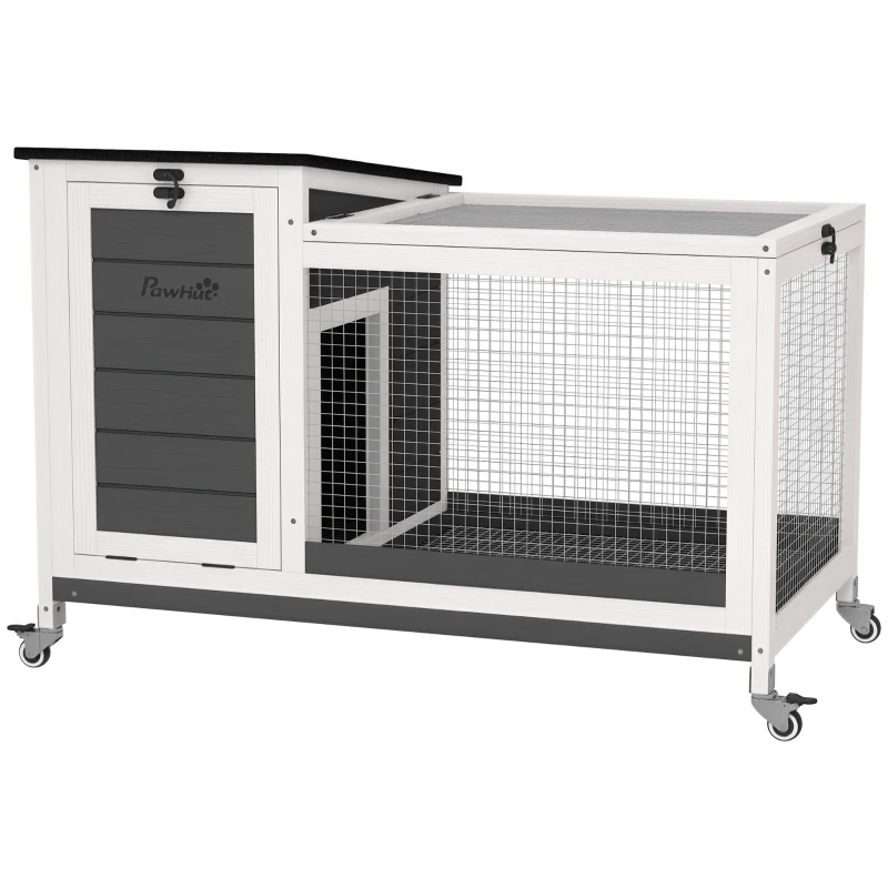 PawHut Hutch pentru iepuri din lemn cu spațiu de joacă rotițe acoperiș pliabil pentru interior, exterior 92 x 52 x 67 cm Gri închis