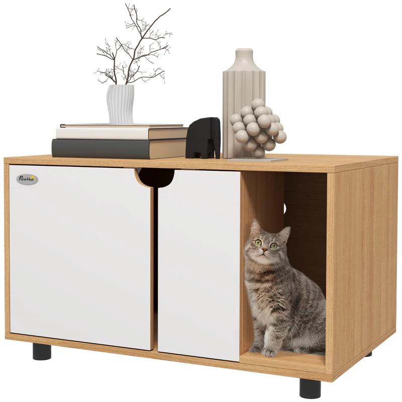 PawHut Mobilier pentru litieră, casă de toaletă pe picioare pentru pisici 2 în 1, uși, stil scandinav 80 x 48 x 48 cm natural și alb