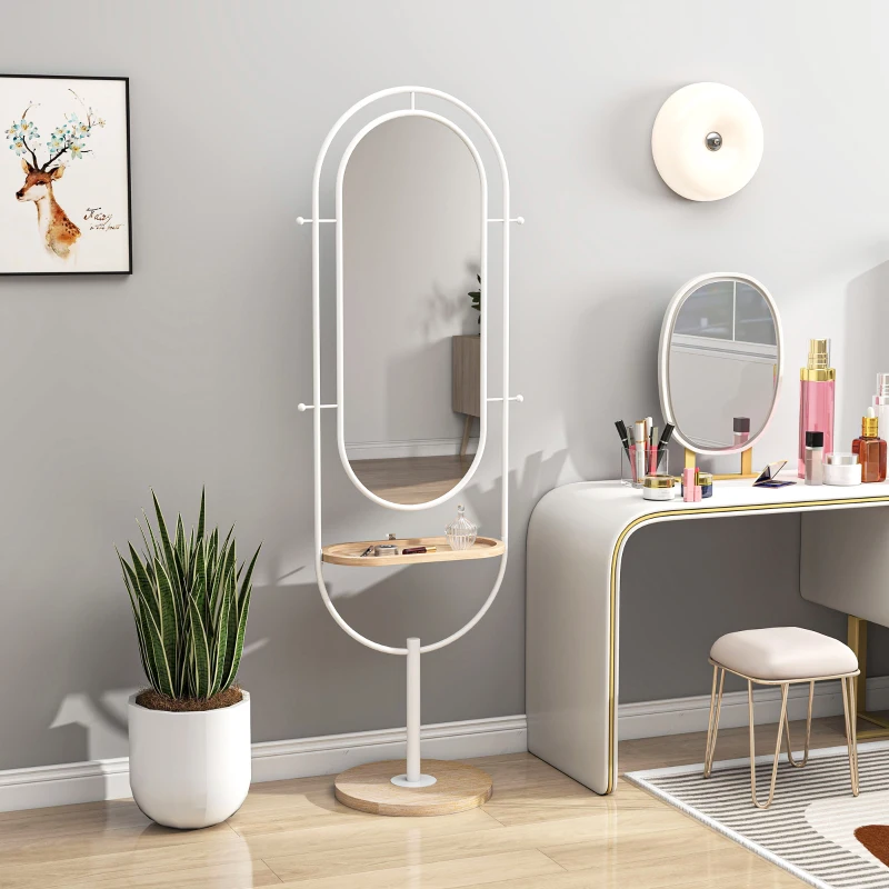 HOMCOM Oglindă de Corp Intreg 175,5x50 cm cu Tavă din Lemn 4 Cârlige și Rama de Metal pentru Salon Dormitor Alb