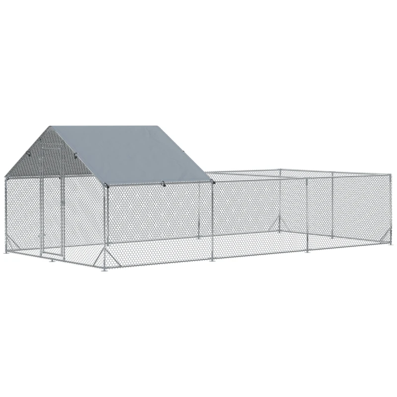 PawHut Volieră țarc cu gard exterior pentru pui de păsări spațiu acoperit oțel galvanizat 18 m² 6 x 3 x 1,95 m