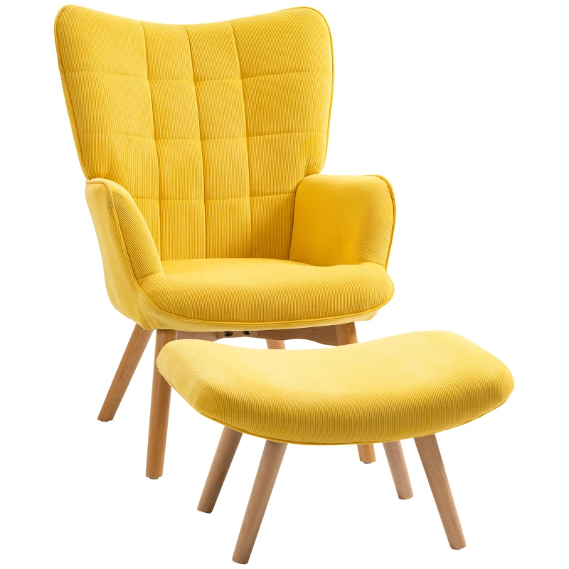 HOMCOM Fotoliu Accent cu Taburet, Fotoliu de Relaxare în Aspect de Catifea, Fotoliu cu Brațe și Picioare de Lemn, pentru Sufragerie, Galben