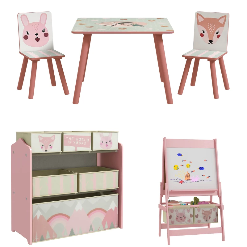Table et 2 chaises pour enfants + tableau chevalet double-face + meuble à jouets de rangement à 6 boîtes, rose