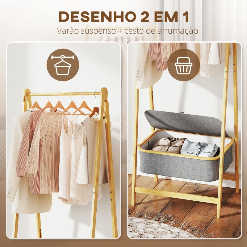 HOMCOM Suporte para Cabides de Bambu com Cesto de Tecido e Dobrável 60x44,5x157,5 cm Madeira Cinzento