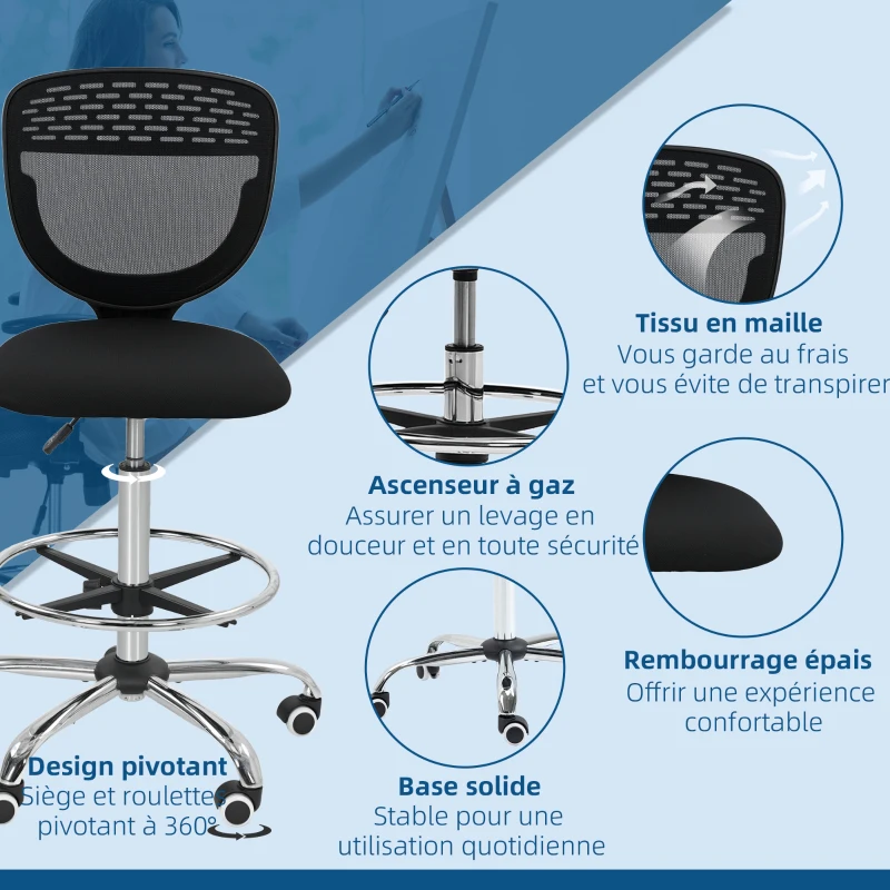 Vinsetto Scaun de birou ergonomic din plasă, scaun de desen, înălțime și suport pentru picioare reglabile, 59 x 59 x 106-126 cm, negru