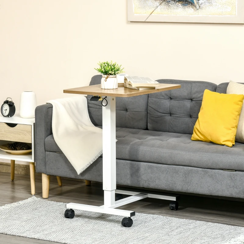 HOMCOM Birou reglabil în înălțime cu 4 roți tip C 65 cm x 48 cm x 70-110 cm, Natură + Alb