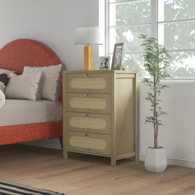 HOMCOM Comodă 4 sertare mobilier de depozitare stil boemian cu uși din răchită, 70 x 38 x 93 cm, efect lemn natural