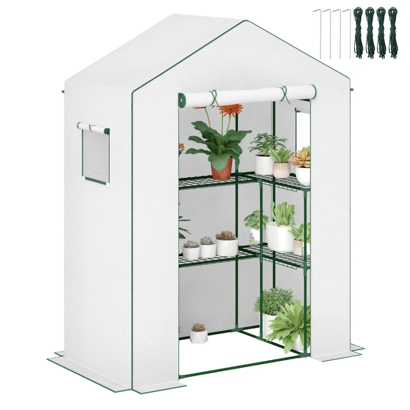 Outsunny Seră de grădină cu 1 ușă, 2 ferestre și 2 rafturi în formă de U pentru legume, plante, flori, copertină PE 140x73x190 cm