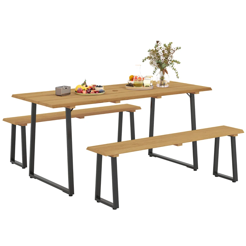 Outsunny Grup de mobilier din 3 piese din lemn pentru 6 persoane Masă de bucătărie cu 2 bănci Orificiu pentru umbrelă Masă din lemn 178 x 76 x 77 cm Lemn natural