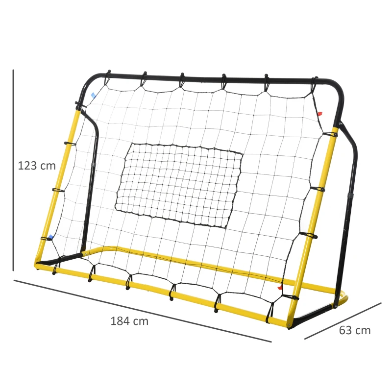 HOMCOM Filet de rebot de fotbal, 184L x 123H cm, rebot de fotbal, 5 unghiuri reglabile de la 60° la 90°, galben și negru