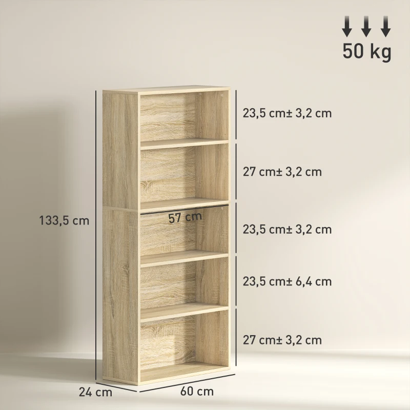 HOMCOM Bibliotecă raft de depozitare 5 nivele cu rafturi reglabile pentru living, dormitor, birou, 60x24x133,5 cm, natural