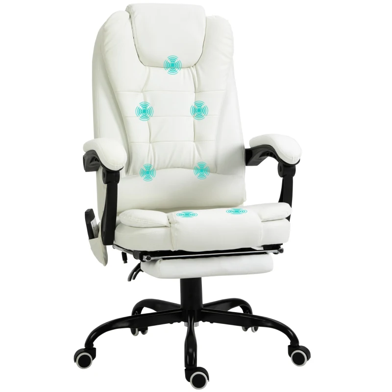 Vinsetto Scaun de birou de masaj, scaun de birou, scaun ergonomic cu înălțime reglabilă, spătar inclinabil și telecomandă cu fir, suport pentru picioare retractabil și pivotant la 360°, alb