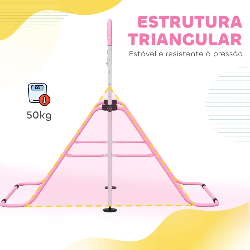 HOMCOM Barra de Ginástica para Crianças com Altura Ajustável em 5 Níveis Anéis e Dobrável 148x105x88-128 cm Rosa