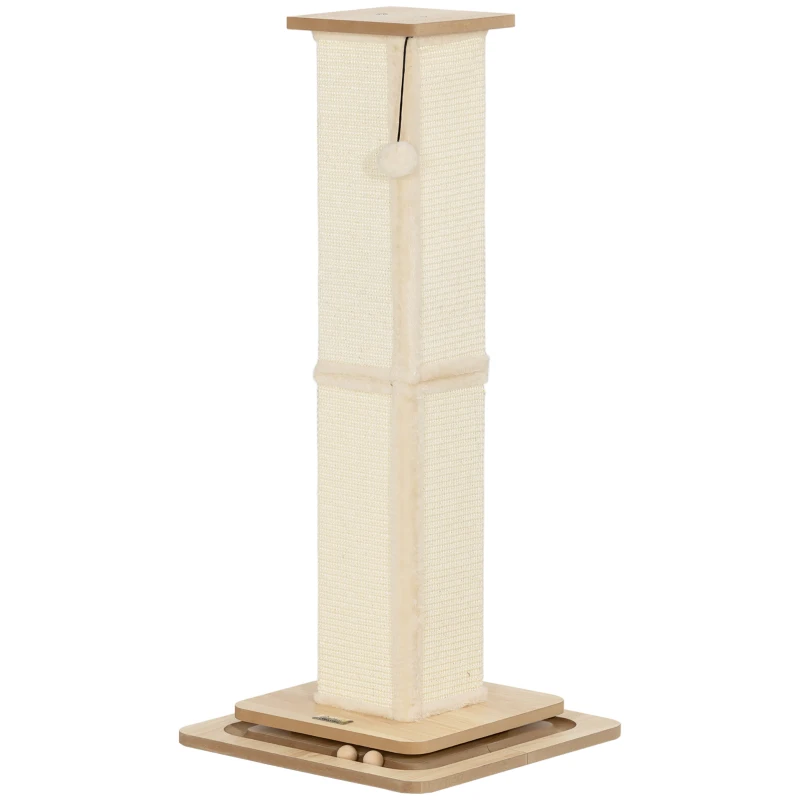 PawHut Pom de Teren 3-în-1 cu Buclă de Jucărie, Jucărie, Sisal, până la 10 kg, 39,5 x 39,5 x 87 cm, Stejar/Crem