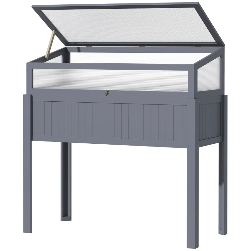 Outsunny Pat inalt din lemn cu sera 2 in 1, Gradina de roșii, Grădină de legume, Pat de plante aromatice, Parcare pentru grădină și terasă din policarbonat, Gri 120 x 54 x 112/122 cm