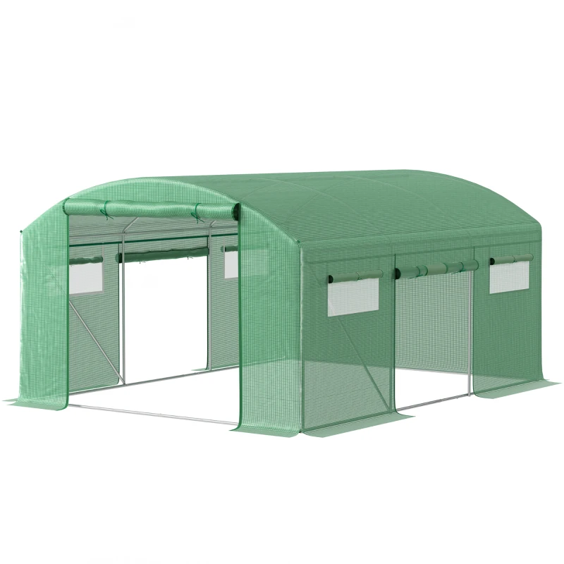 Outsunny Serre Tunnel 4x3x2 m avec 6 Fenêtres 3 Portes à Enroulement Couverture de PE et Structure en Acier Galvanisé Vert