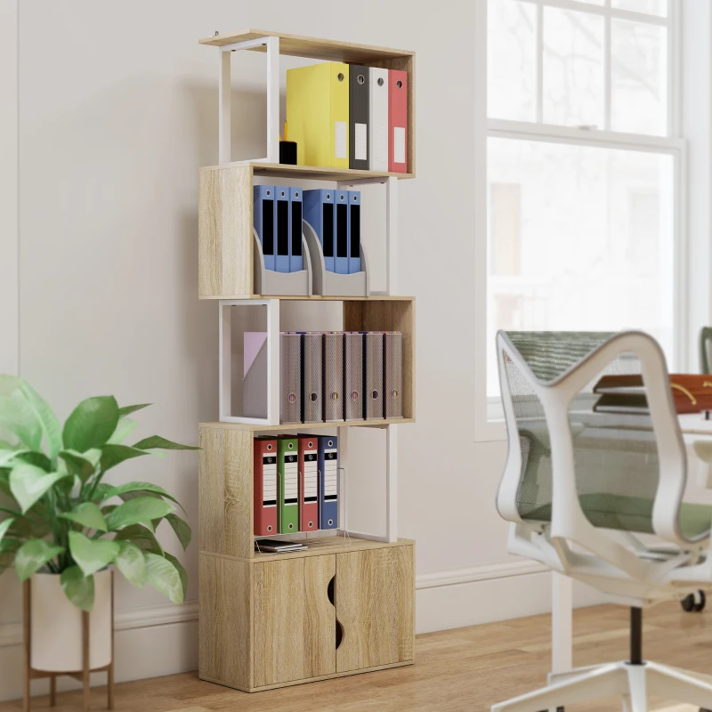 HOMCOM Bibliotecă cu 5 nivele, mobilier de depozitare cu rafturi și dulap cu dublă ușă, 60 x 23,8 x 179,2 cm, lemn natural