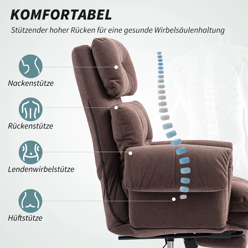 HOMCOM Bureaustoel met verstelbare rugleuning, rollende gestoffeerde stoel, comfortstoel, in hoogte verstelbaar, staal, bruin(m-4)
