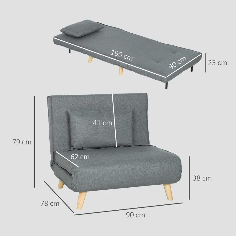 HOMCOM Poltrona 2 em 1 Sofá Cama Individual Dobrável com Encosto Ajustável e Almofada Carga 125 kg 90x78x79 cm Cinza