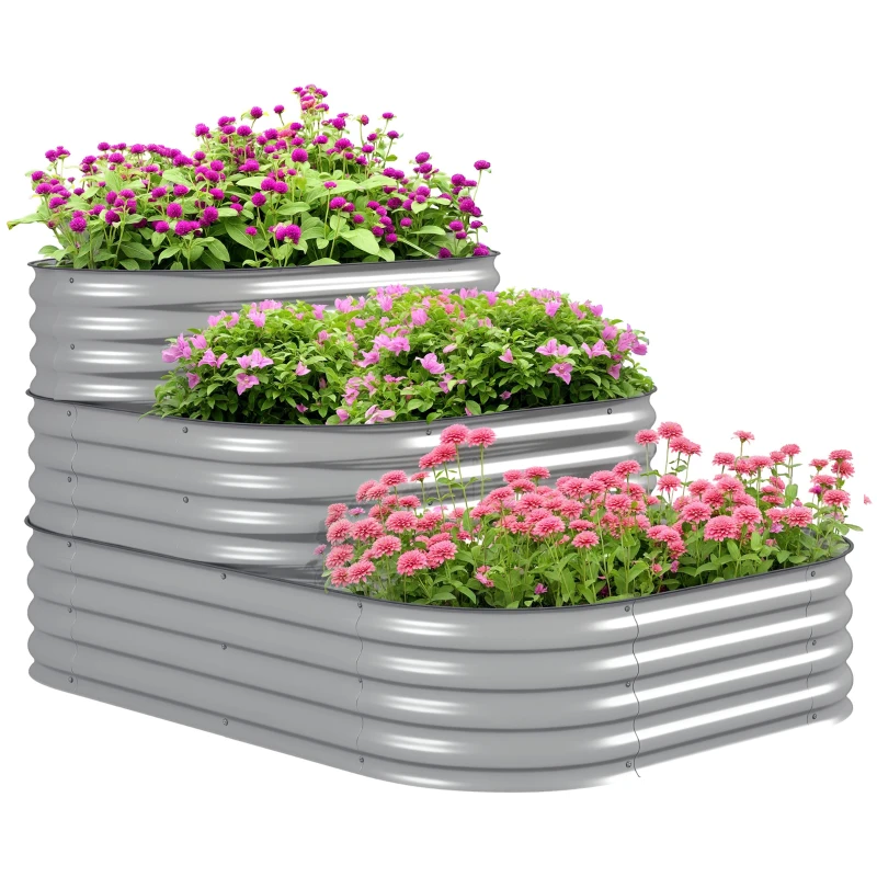 Outsunny Pat înalt cu trepte în aer liber, Cutie de plante pentru flori, 3 trepte, 158 cm x 109 cm x 82 cm, Argintiu
