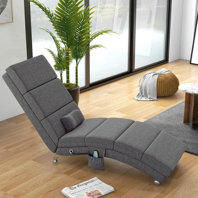 HOMCOM Fotoliu relax salon cu masaj și încălzire, șezlong cu telecomandă și pernă, material din in, gri