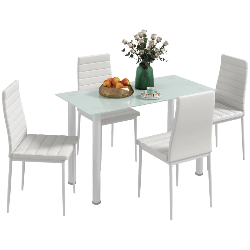 HOMCOM Grup de Masă 5 piese Sitzgruppe Masă cu 4 scaune, design modern, masă din sticlă, Alb