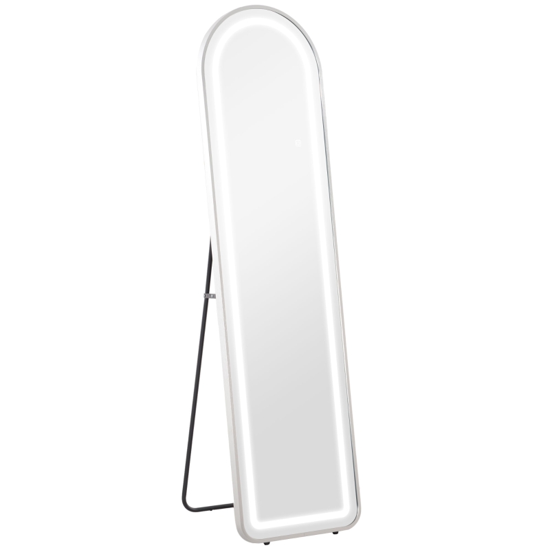 HOMCOM Oglindă completă în arc oglindă de corp cu LED 3 culori lumina reglabile funcție memorie 150 x 40 cm argintiu