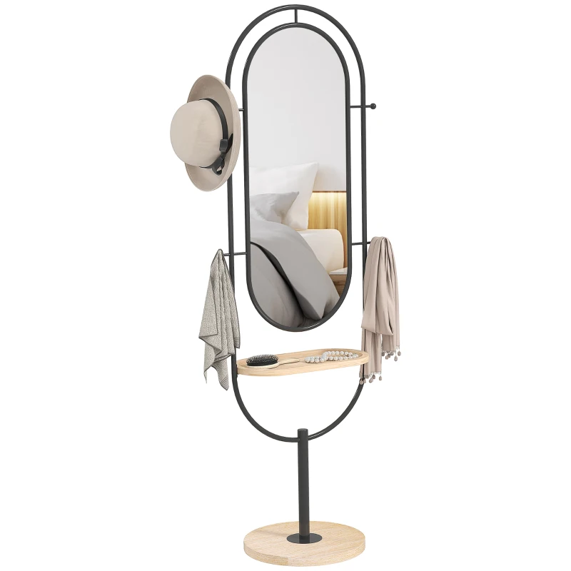 HOMCOM Oglindă de tip stand ovală cu suport de lemn, 4 cârlige și cadru metalic, 50 x 40 x 175,5 cm, negru