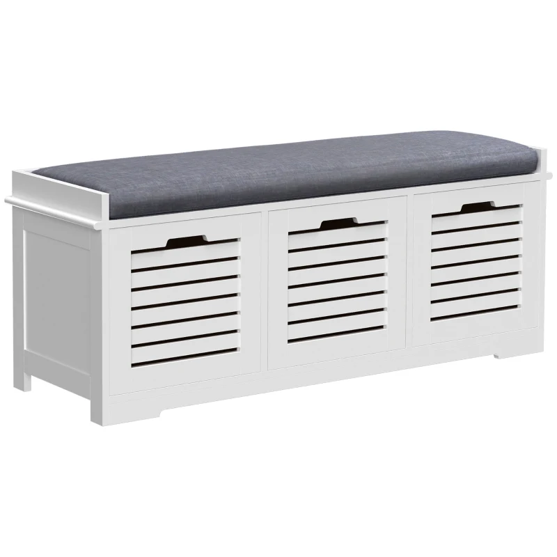 HOMCOM Banc pentru pantofi dulap pentru pantofi cu 3 sertare și pernă detașabilă, dim. 108l x 35A x 43Î cm, alb