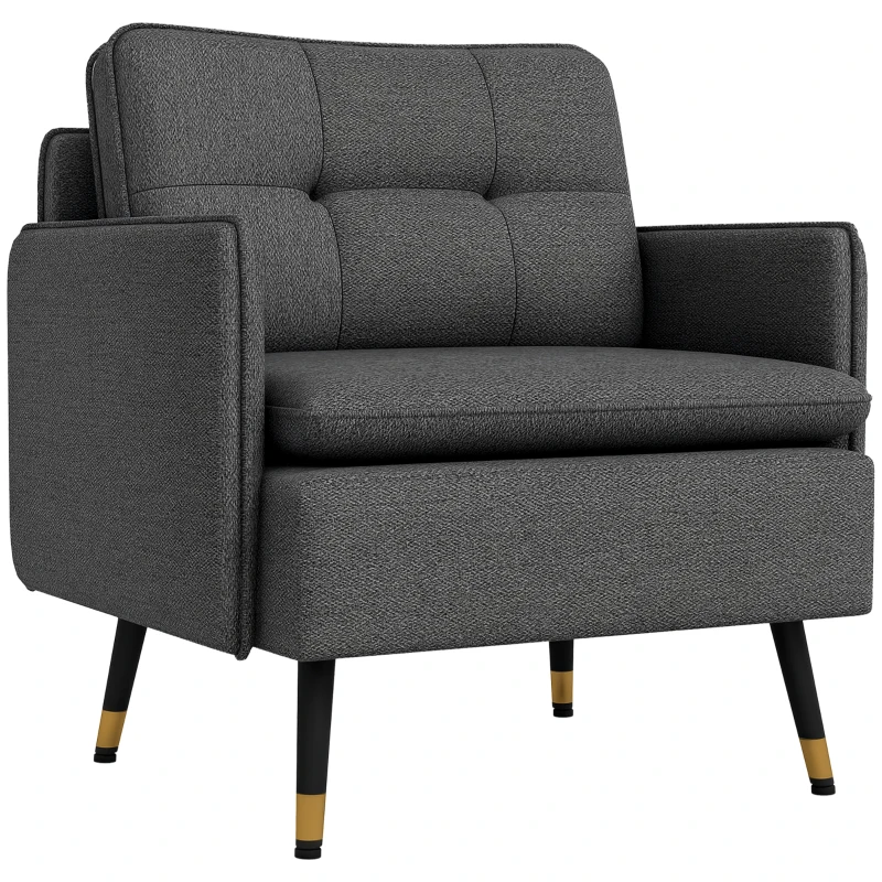 HOMCOM Fotoliu scandinav cu spătar capitonat cu trecere în material 76 x 68 x 80 cm gri și picioare din metal negru și auriu