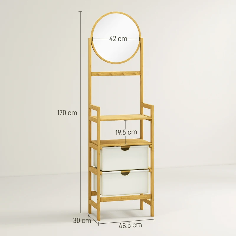 HOMCOM Raft de baie din bambus cu oglindă cu 4 cârlige 2 rafturi deschise și 2 sertare din material textil 48,5x30x170 cm Natural