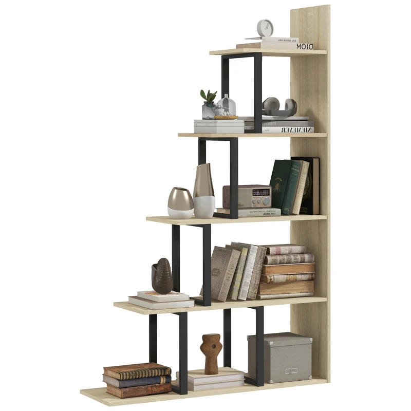 HOMCOM Bibliotecă raft separator de încăperi de stil industrial în formă de scară cu 5 rafturi 102 x 30 x 160 cm culoare stejar