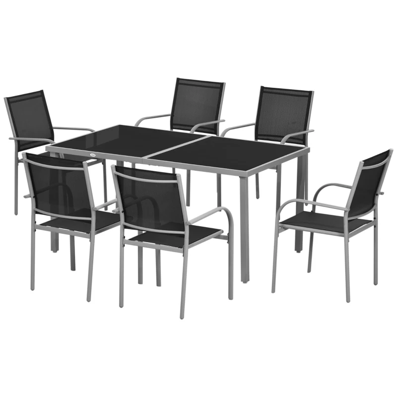 Outsunny Set de mobilier de grădină 6 scaune + 1 masă din oțel salon de grădină 7 piese scaune empilabile placă din sticlă securizată negru