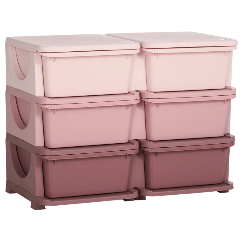 HOMCOM Organisateur de jouets pour enfants à 3 niveaux avec 6 tiroirs, boîtes de rangement en plastique, 75x37x56,5cm, rose
