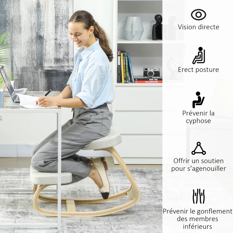 HOMCOM Siège assis genoux, siège ergonomique en bois à bascule, chaise à genoux pour bureau à domiciles, crème