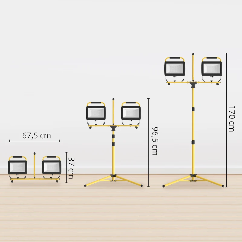 HOMCOM Projetor de Obra em Tripé 2x100W 17000Lm Dupla Cabeça Giratória 360° Suporte Ajustável à Prova de Água Ip65 Amarelo