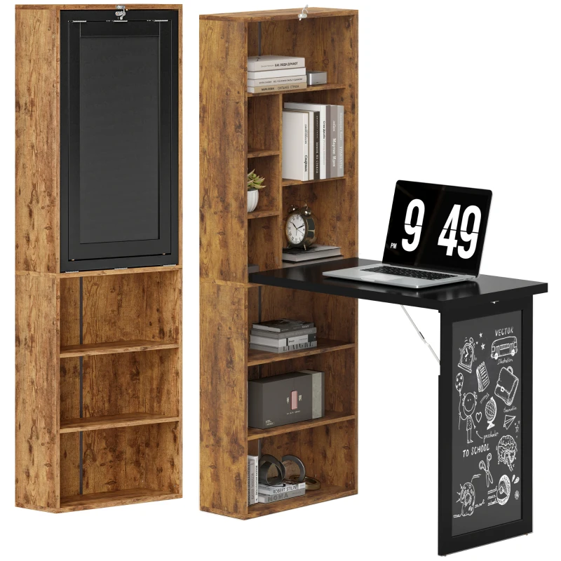 HOMCOM Secretária de Computador Dobrável com Estante Estação de Trabalho Quadro Negro e Prateleira Ajustável 98x51x153cm Marrom
