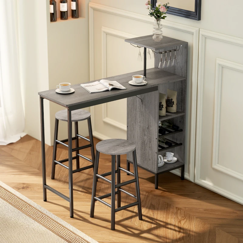 HOMCOM Bar-Set mit Hockern, Stehtischset mit 2 Barhockern, Aufbewahrungsregale, Weinregale, Naturholz