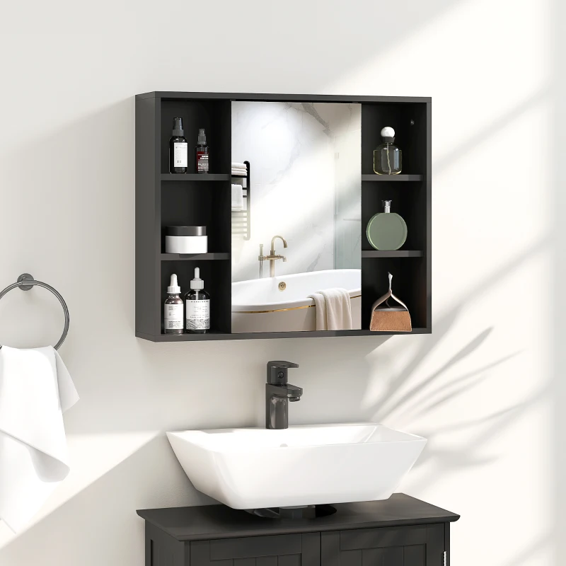 HOMCOM Mobilier baie cu oglindă, dulap cu uși și 6 compartimente deschise, 60 x 14,5 x 49,4 cm, negru